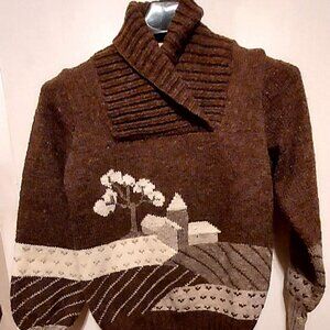 Lmagnin Little Bo Peep Spinning Mill Womans Brown Sweater Sz S Cowl Neck Village